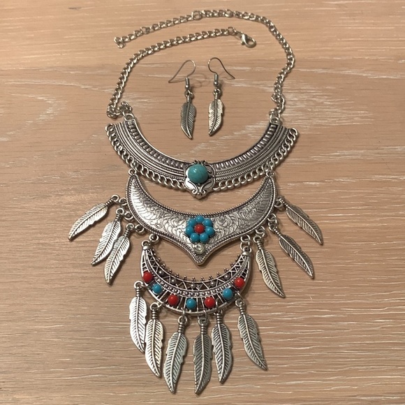 Faux Turquoise and Silver Necklace with earrings set, costume jewelry no brand - Picture 5 of 5